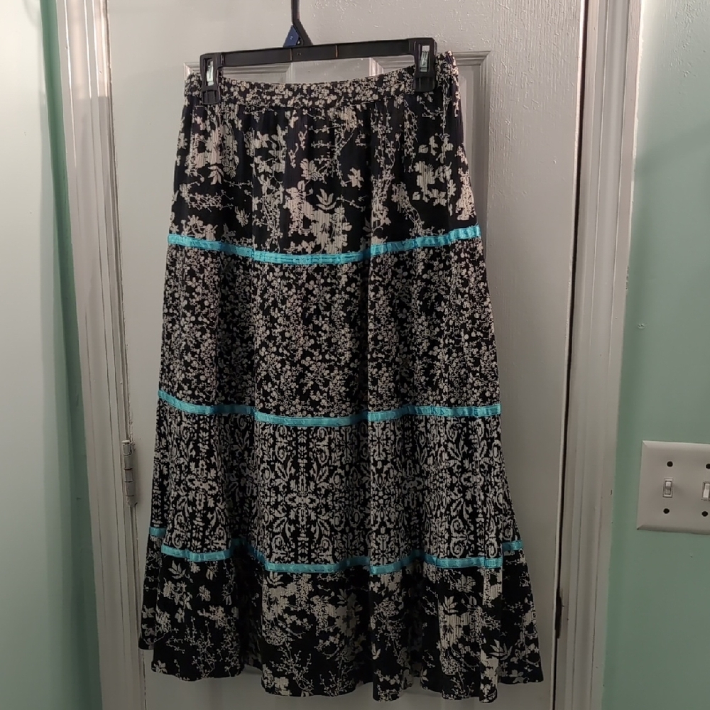 Y2K BohemiaNotations Black, Navy Blue, and White Maxi Skirt with Blue Highlights